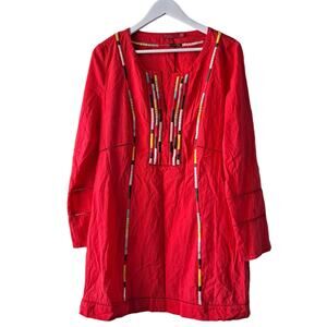 Prana Womens Boho Red Slit Front Long Sleeve Lacy Mini Dress / Tunic - Size L